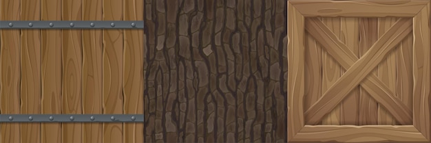 Free vector wooden textures for game wood barrel, fence planks