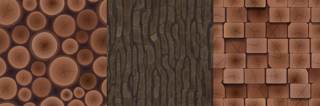 Free vector wooden textures of tree bark woodpile and boards