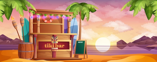 Wooden tiki bar on on sea beach at sunset in cartoon style