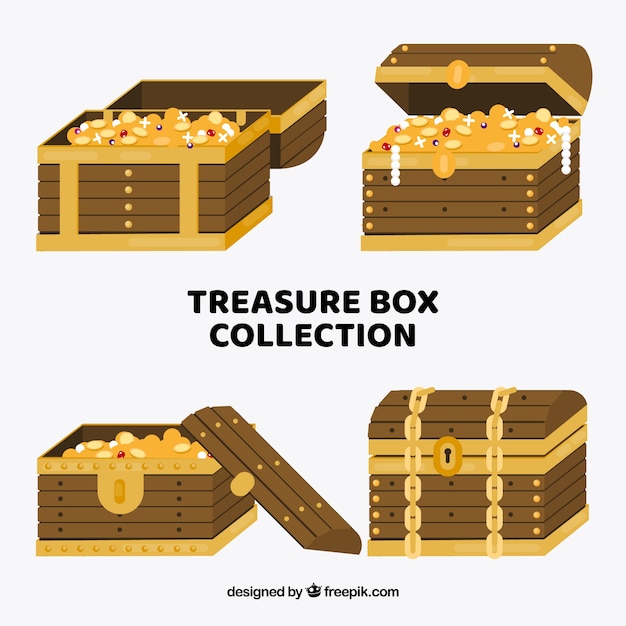 Wooden treasure box collection with flat design