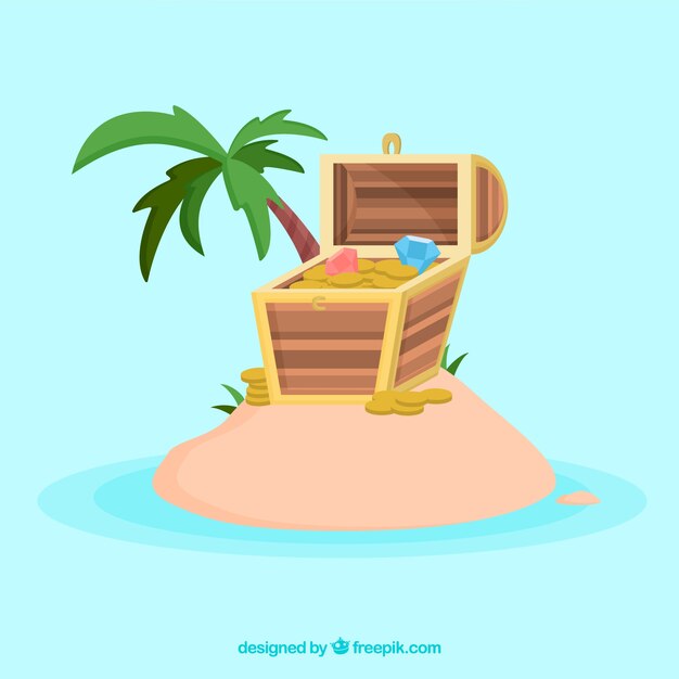 Wooden treasure chest with flat design