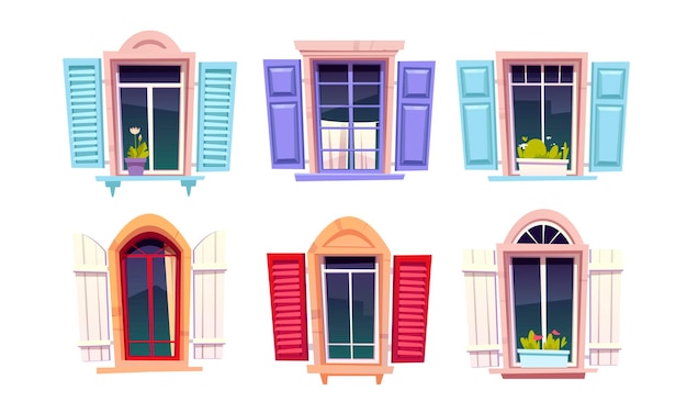 Wooden windows with open shutters in mediterranean style on white