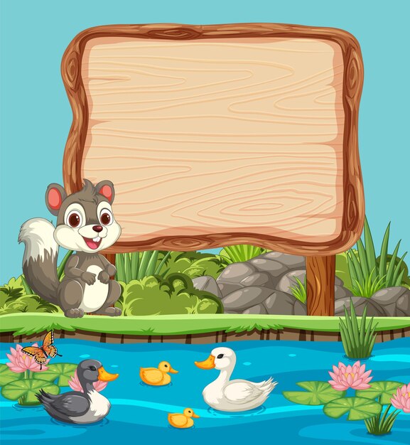 Free vector woodland creatures by the pond signboard