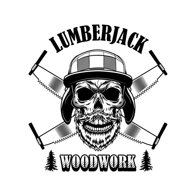 Woodsman vector illustration. Head of skeleton in winter hat, crossed saws and woodwork text. Lumber job or craft concept for logo