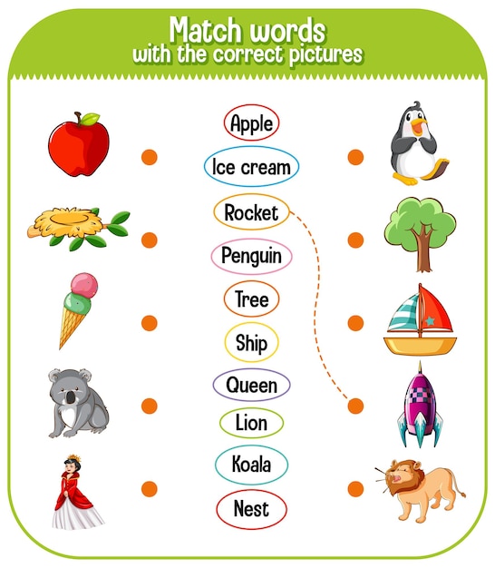 Free vector word to picture matching worksheet for children