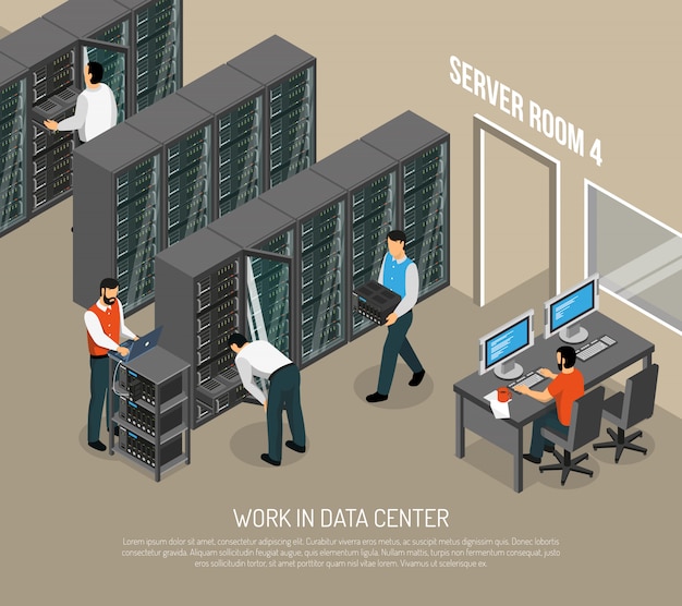 Free vector work in data center isometric illustration