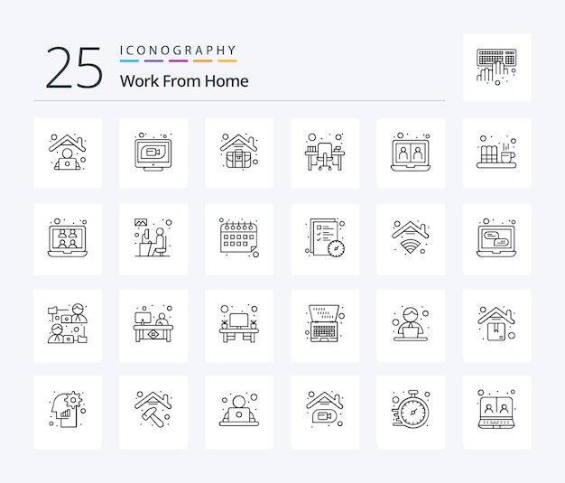 Work From Home 25 Line icon pack including workstation monitor web chair work home