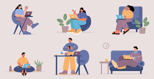 Free vector work from home, set of people with laptops. freelance, self-employment concept. freelancers or outsourced remote workers with computers sit at desk or sofa in room, line art flat vector illustration