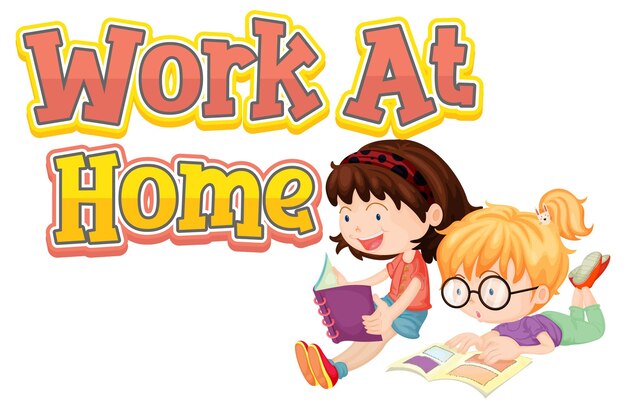 白い背景で本を読んでいる2人の子供と在宅勤務のフォントデザイン