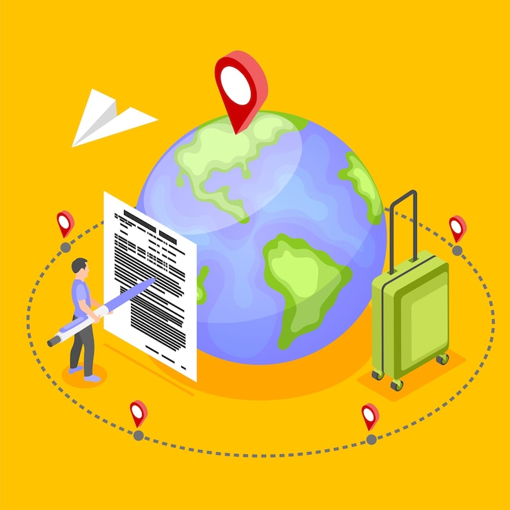 Free Vector work migration isometric concept on yellow background with man getting job abroad signing contract 3d vector illustration