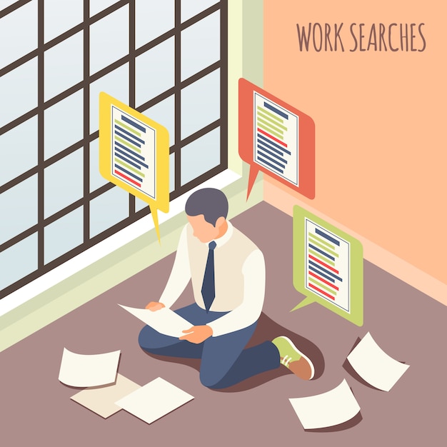 Free vector work searches isometric  male person considering job vacancies sitting on floor vector illustration