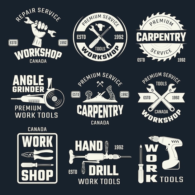 Бесплатное векторное изображение Рабочие инструменты монохромные эмблемы