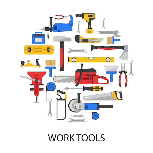 Free vector work tools set in round shape with saws drills wrenches vice axe pliers grinder isolated