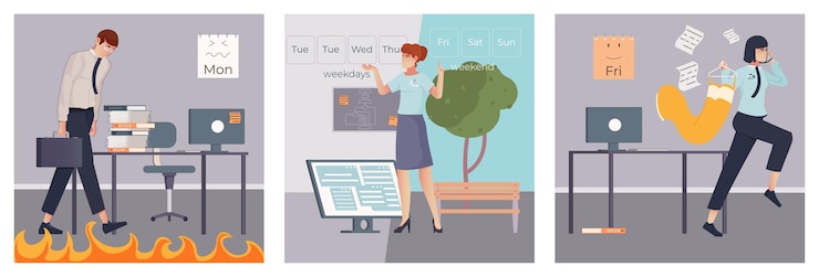 Free Vector work week flat concept set with sad office worker on monday and happy employee going home on friday isolated vector illustration