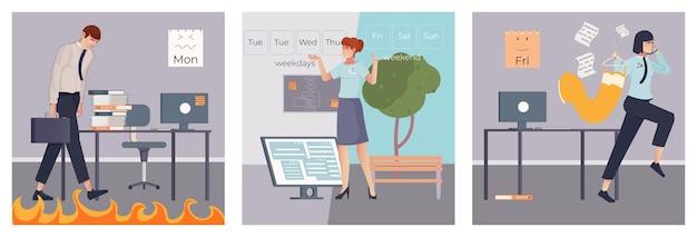 Бесплатное векторное изображение Плоская концепция рабочей недели с грустным офисным работником в понедельник и счастливым сотрудником, идущим домой в пятницу, изолированная векторная иллюстрация