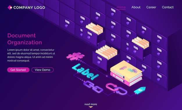 Free vector work with documents organization isometric landing