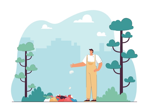 都市​の​背景​に​ある​公園​の​ゴミ​の​山​の​近く​に​全体的​に​立っている​労働者​。​ゴミ​を​投げる​男​フラットベクトルイラスト​。​エコロジー​、​バナー​、​ウェブサイト​の​デザイン​または​ランディングウェブページ​の​環境​コンセプト