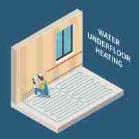 Vettore gratuito operaio che installa il sistema di riscaldamento a pavimento dell'acqua nell'illustrazione isometrica della casa