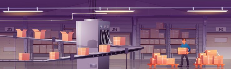 Free Vector worker loading boxes on conveyor belt at factory