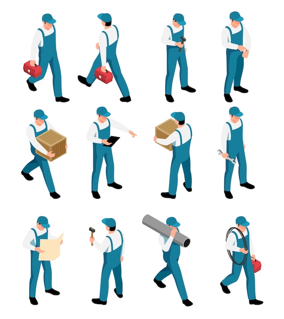 Vettore gratuito le icone isometriche dei lavoratori hanno messo con i caratteri maschii in uniforme con gli strumenti nelle pose differenti isolati
