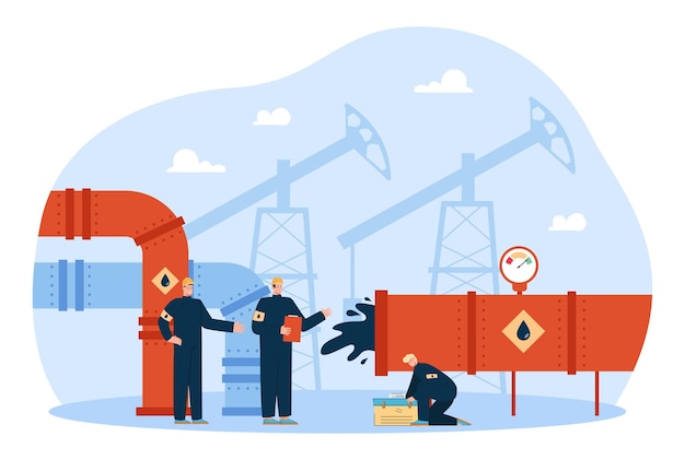 Workers in oil factory flat vector illustration. Men or people in uniform fixing broken petroleum pipeline or pipe. Oilmen working together. Industry, production, job concept