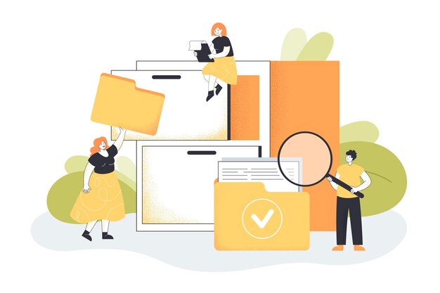 Workers organizing data storage flat vector illustration. Women putting folders in cabinet. Man searching for document in folder. Organized archive, database, information concept