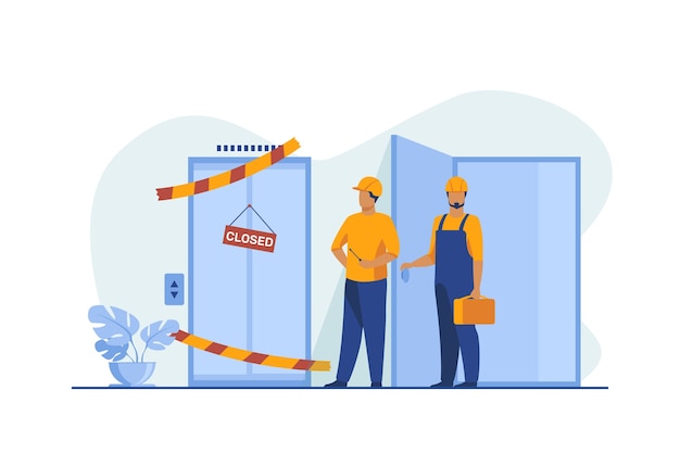 Workers in overalls standing near closed broken elevator. Repairmen, engineers, technicians flat vector illustration. Public utility, service concept