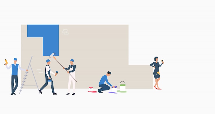 Free Vector workers painting wall in blue color banner