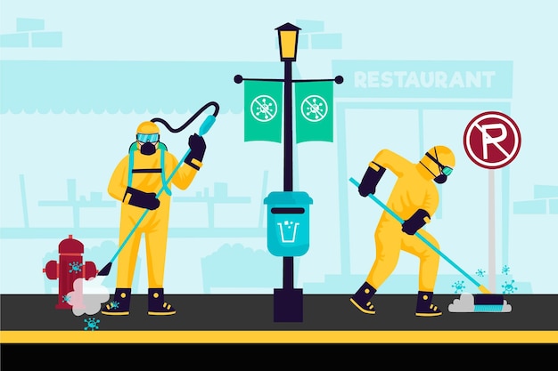 Workers providing cleaning service in public spaces