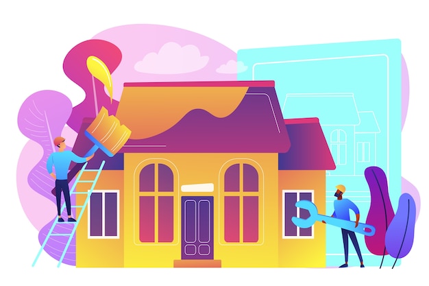 Free vector workers with paintbrush and wrench improving the house. house renovation, property renovation, house remodeling and onstruction services concept. bright vibrant violet  isolated illustration