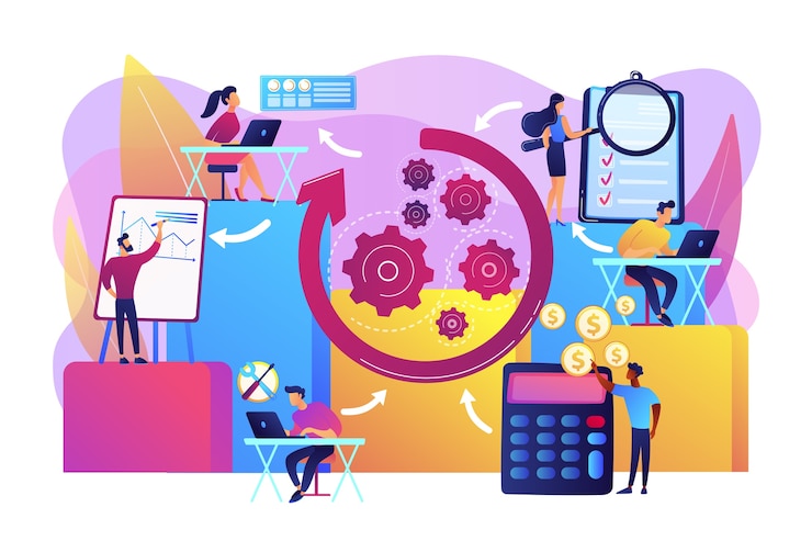 Free Vector workforce organization and management. workflow processes, workflow process design and automation, boost your office productivity concept.