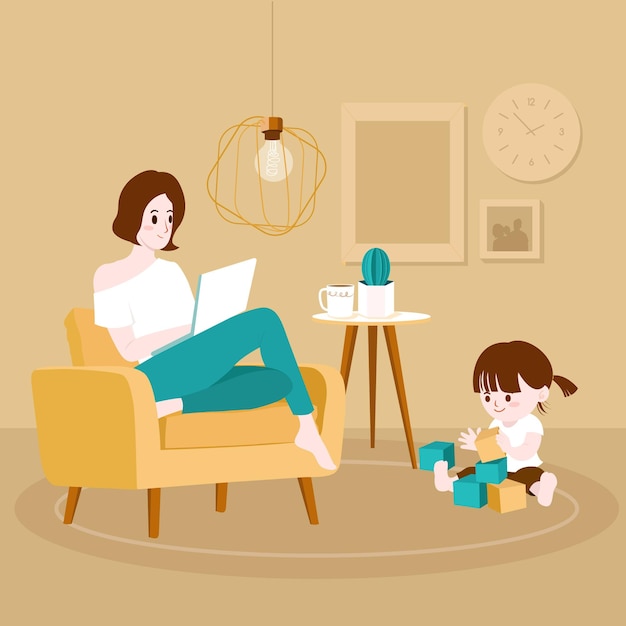 Free vector working at home mom and child