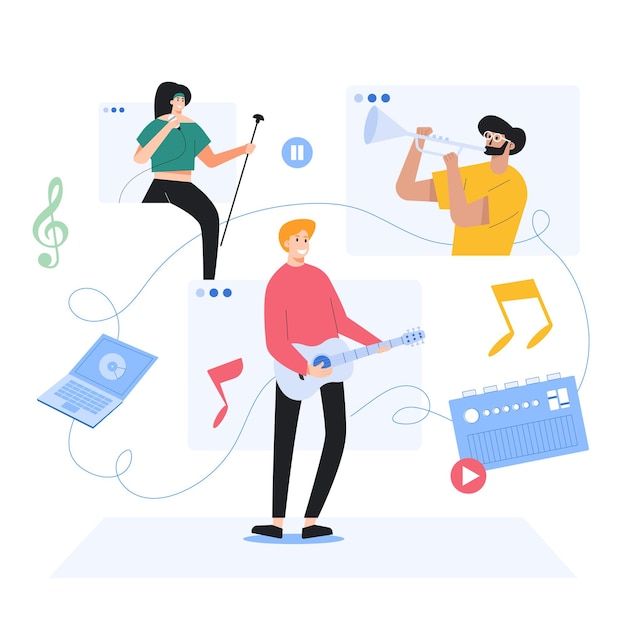 Free vector working on music by musicians , cartoon style illustration