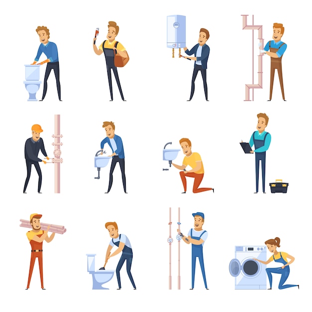 Working plumbers flat color icons set
