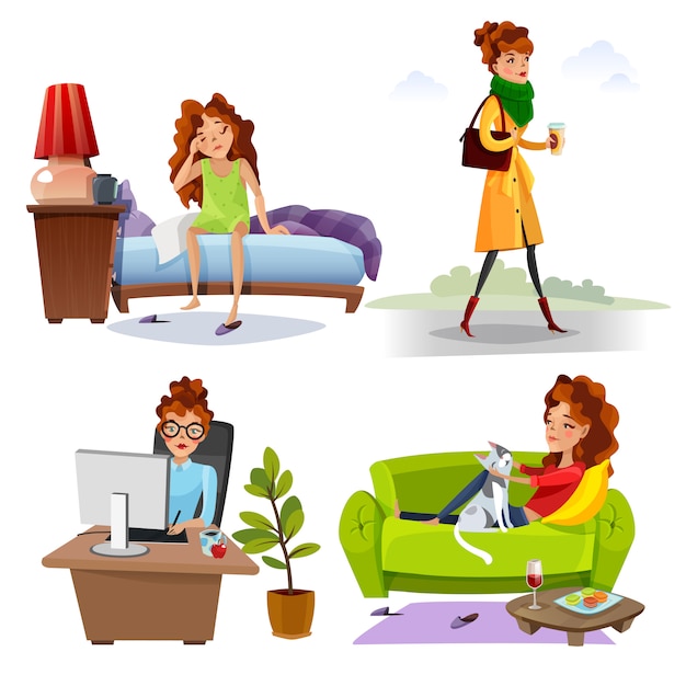 Working Woman Daily Routine Flat Icons