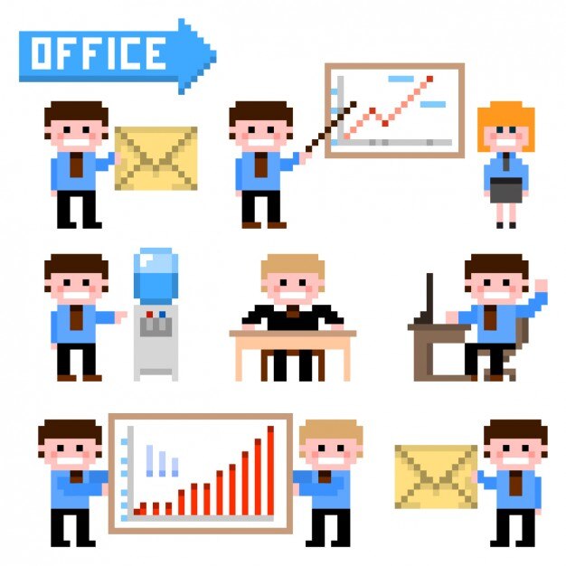 Workmates with infographic elements in pixelated style