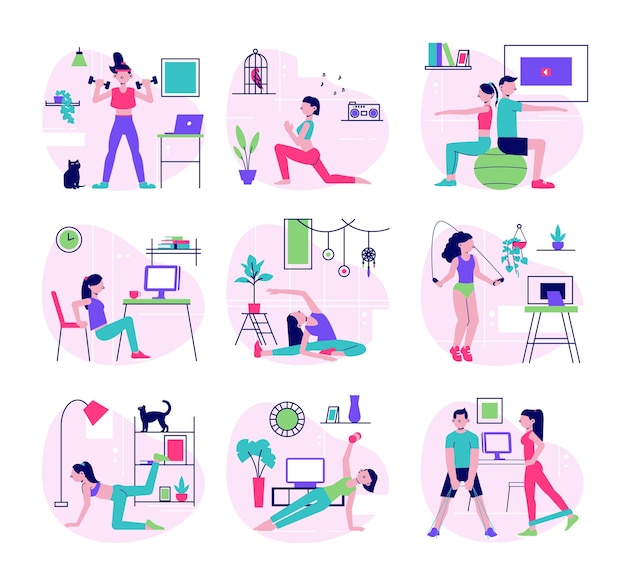 Free vector workout fitness gym yoga home flat set with stretching wights lifting chair squats jump rope vector illustration