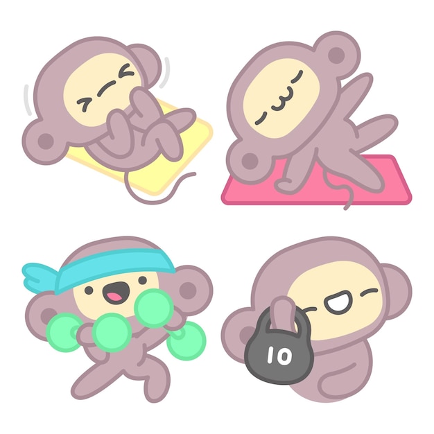 Free vector workout fitness stickers collection with monkey and banana