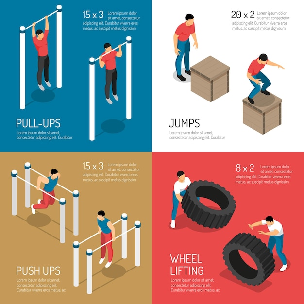 Workout at sports street equipment jumps and wheel lifting\
isometric concept isolated