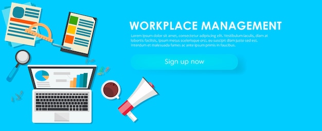 Free vector workplace management banner. work desk, laptop, coffee.