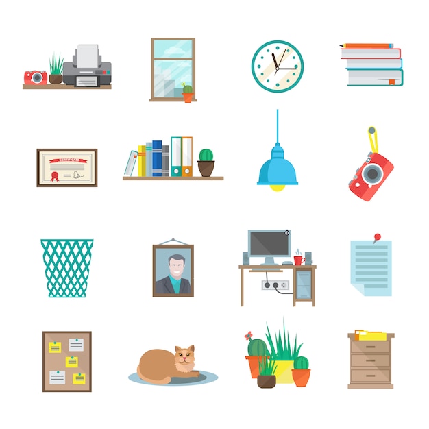 Free vector workplace room icons set