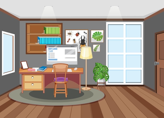Free vector workroom scene with computer on the table