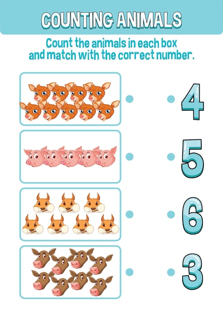Free vector worksheet design for counting animals
