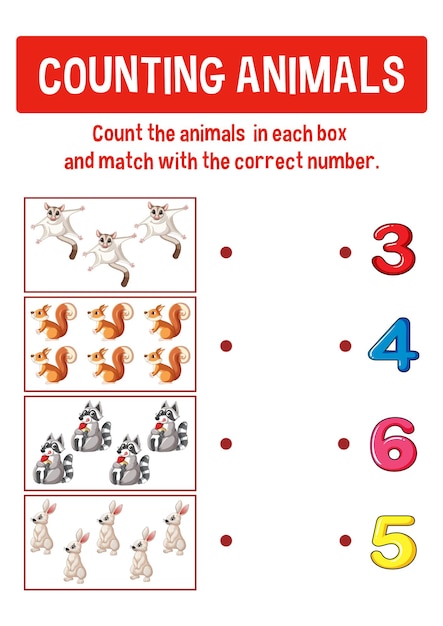 Free vector worksheet design for counting animals