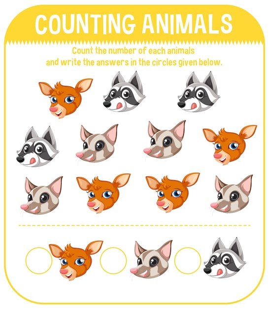 Free vector worksheet design for counting animals