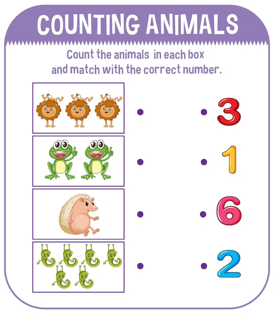 Free vector worksheet design for counting animals