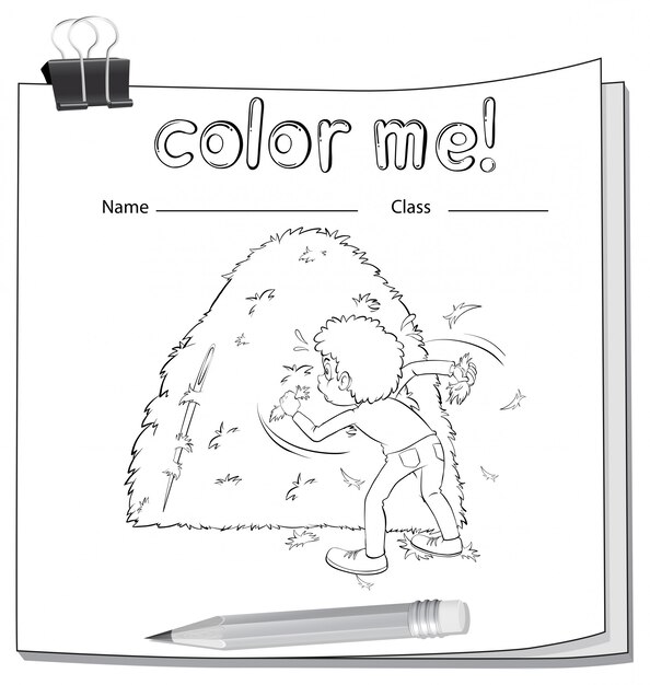 A worksheet showing a boy and a haystack