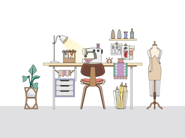 Free vector workspace of a fashion designer, or a tailor