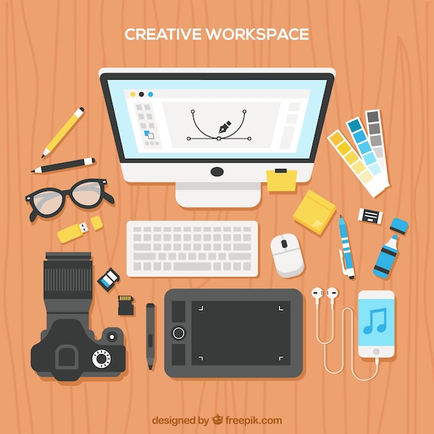 Free vector workspace with photographer elements