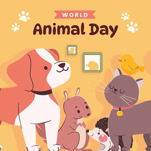 World animal day hand drawn flat illustration